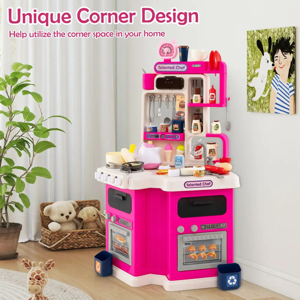 Kids Kitchen Playset Corner Play Kitchen with Realistic Sounds and Lights-Pink - Pink - Baby & Kids
