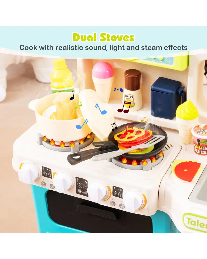 Kids Kitchen Playset Pretend Play Kitchen with Realistic Sounds and Lights-Blue - Blue - Play Kitchen Sets