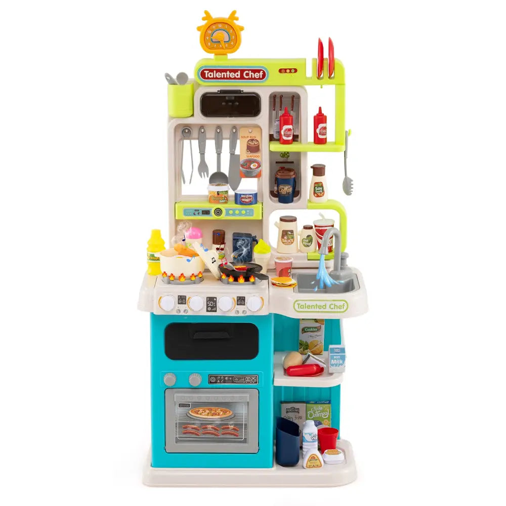 Kids Kitchen Playset Pretend Play Kitchen with Realistic Sounds and Lights-Blue - Blue - Play Kitchen Sets