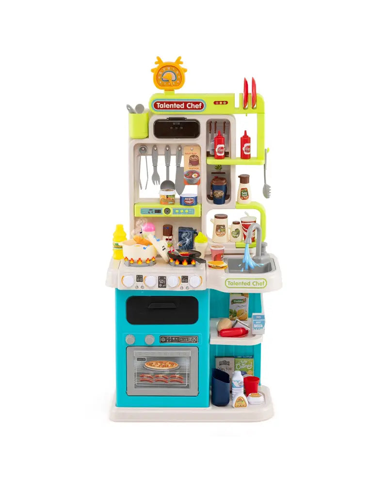 Kids Kitchen Playset Pretend Play Kitchen with Realistic Sounds and Lights-Blue - Blue - Play Kitchen Sets