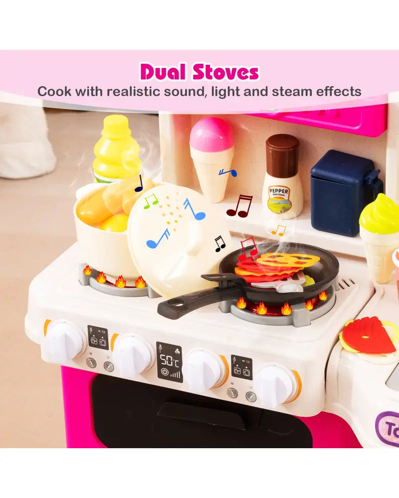 Kids Kitchen Playset Pretend Play Kitchen with Realistic Sounds and Lights-Pink - Pink - Play Kitchen Sets