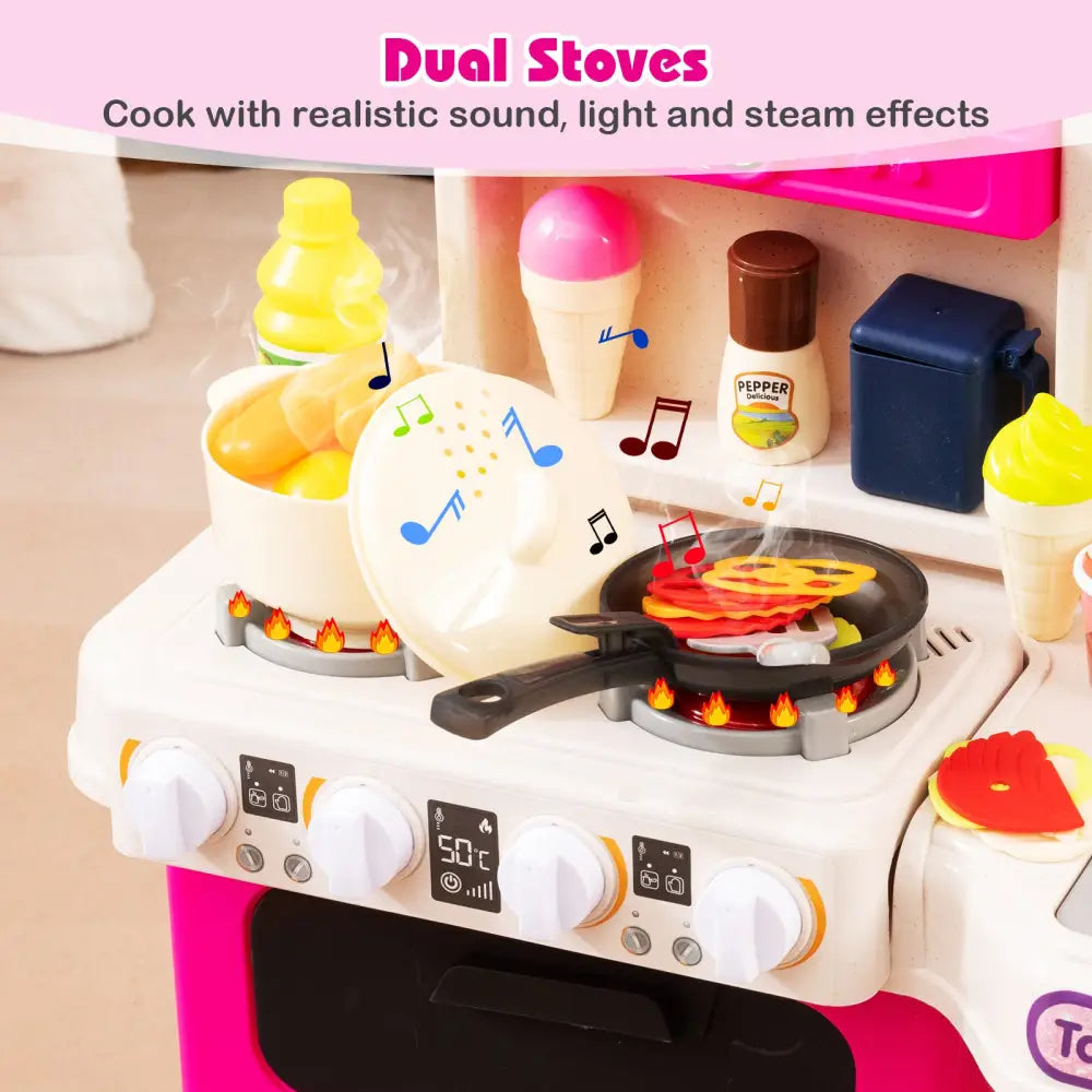 Kids Kitchen Playset Pretend Play Kitchen with Realistic Sounds and Lights-Pink - Pink - Play Kitchen Sets