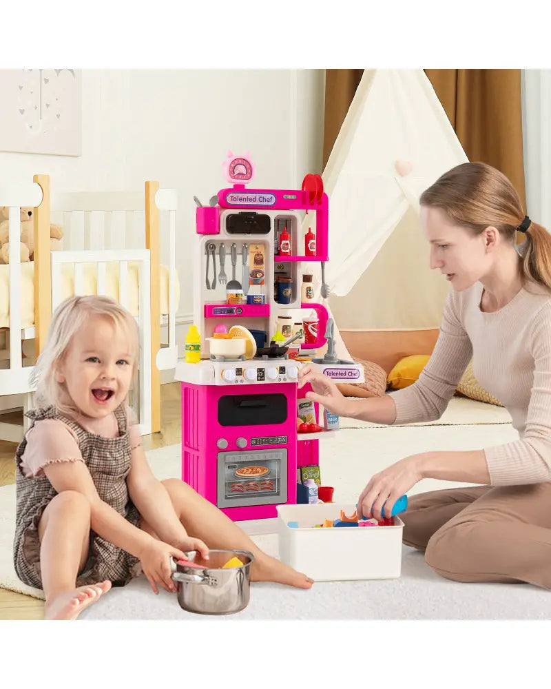 Kids Kitchen Playset Pretend Play Kitchen with Realistic Sounds and Lights-Pink - Pink - Play Kitchen Sets