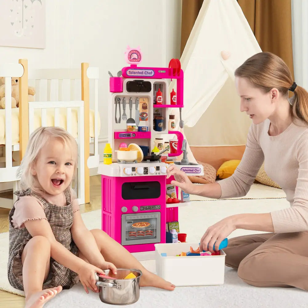 Kids Kitchen Playset Pretend Play Kitchen with Realistic Sounds and Lights-Pink - Pink - Play Kitchen Sets