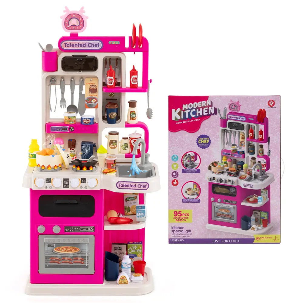 Kids Kitchen Playset Pretend Play Kitchen with Realistic Sounds and Lights-Pink - Pink - Play Kitchen Sets