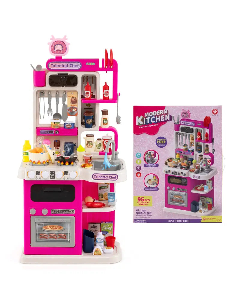 Kids Kitchen Playset Pretend Play Kitchen with Realistic Sounds and Lights-Pink - Pink - Play Kitchen Sets