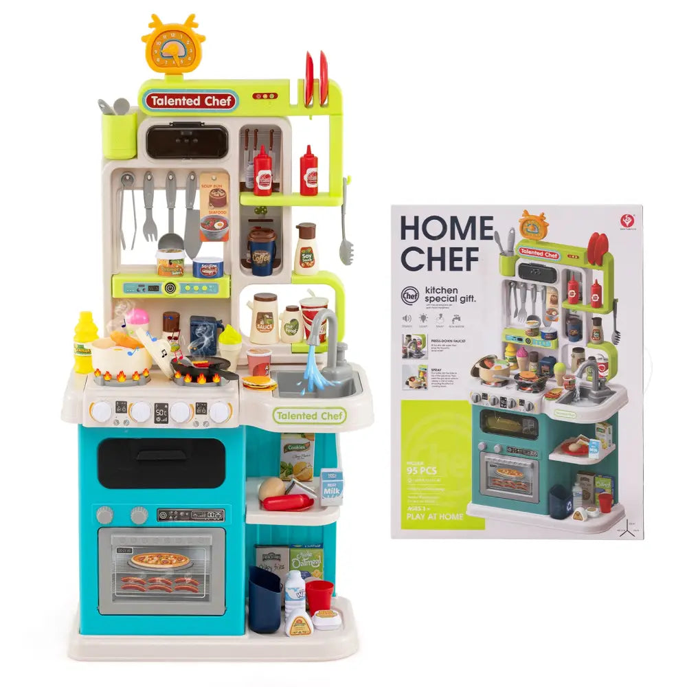 Kids Kitchen Playset Pretend Play Kitchen with Realistic Sounds and Lights-Blue - Blue - Play Kitchen Sets