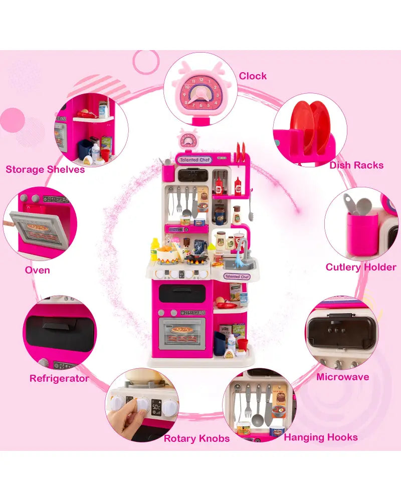 Kids Kitchen Playset Pretend Play Kitchen with Realistic Sounds and Lights-Pink - Pink - Play Kitchen Sets