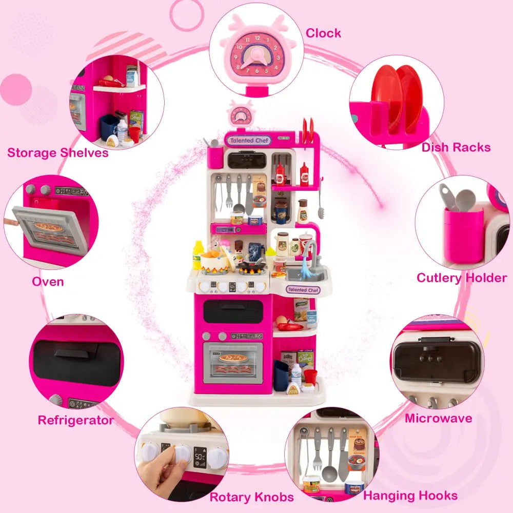Kids Kitchen Playset Pretend Play Kitchen with Realistic Sounds and Lights-Pink - Pink - Play Kitchen Sets