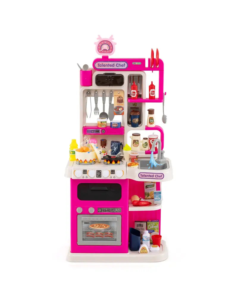 Kids Kitchen Playset Pretend Play Kitchen with Realistic Sounds and Lights-Pink - Pink - Play Kitchen Sets
