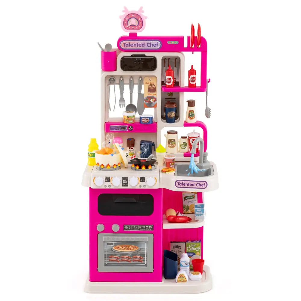 Kids Kitchen Playset Pretend Play Kitchen with Realistic Sounds and Lights-Pink - Pink - Play Kitchen Sets