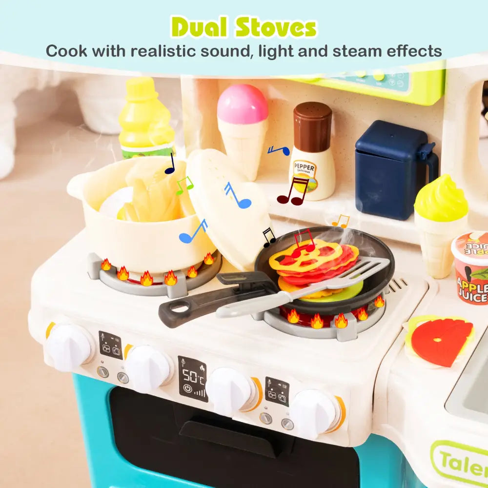 Kids Kitchen Playset Pretend Play Kitchen with Realistic Sounds and Lights-Blue - Blue - Play Kitchen Sets
