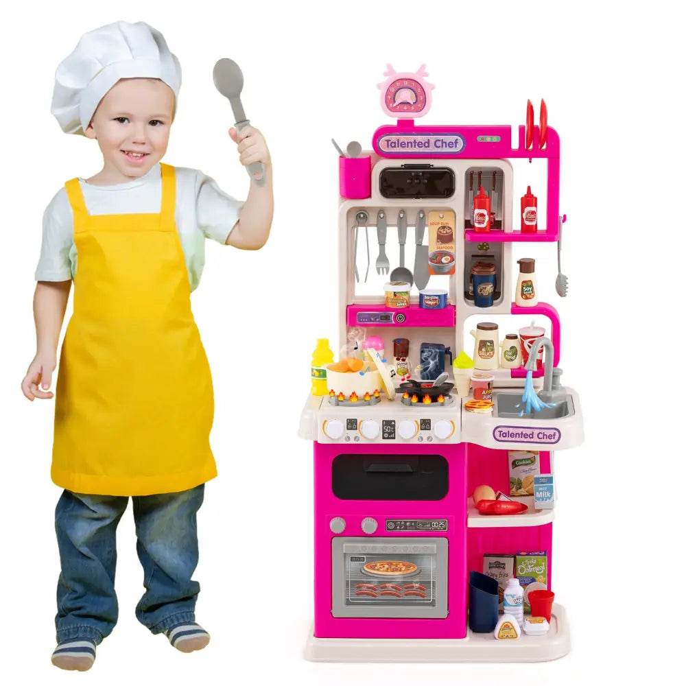 Kids Kitchen Playset Pretend Play Kitchen with Realistic Sounds and Lights-Pink - Pink - Play Kitchen Sets