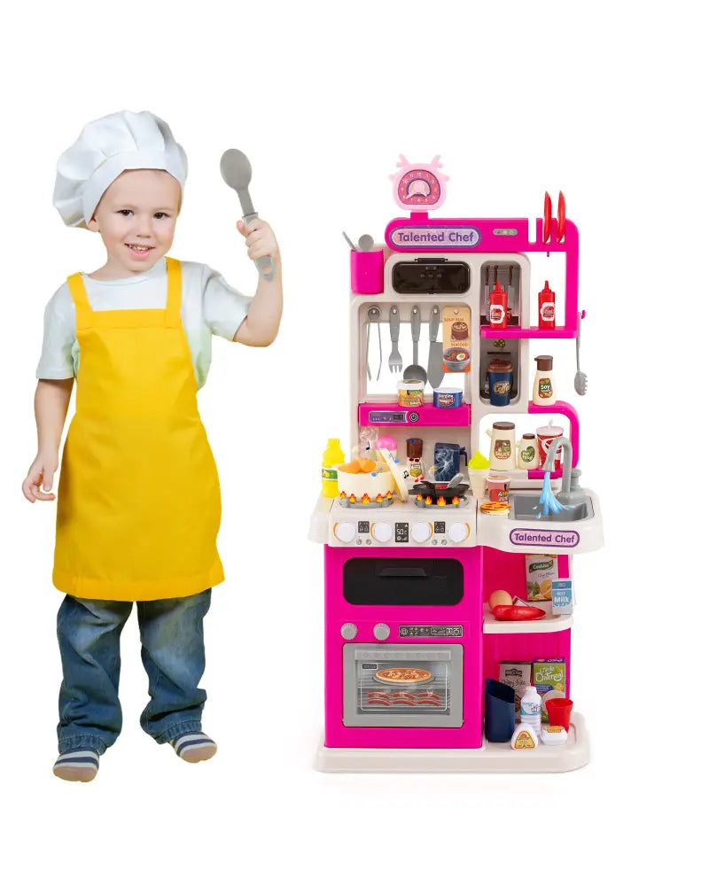 Kids Kitchen Playset Pretend Play Kitchen with Realistic Sounds and Lights-Pink - Pink - Play Kitchen Sets