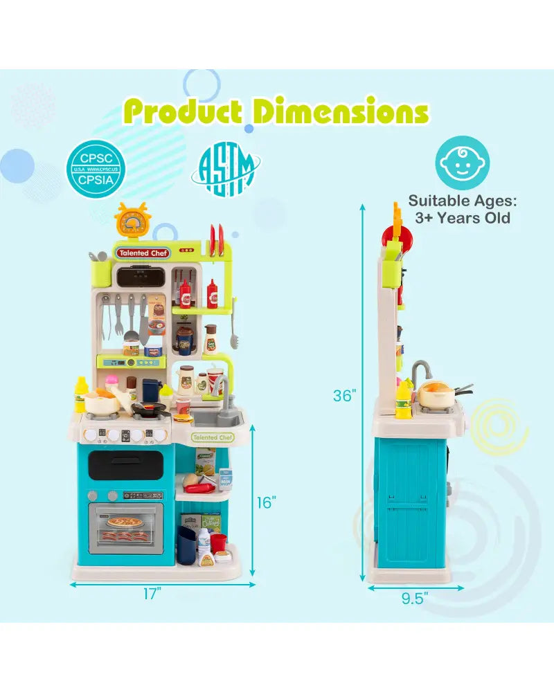 Kids Kitchen Playset Pretend Play Kitchen with Realistic Sounds and Lights-Blue - Blue - Play Kitchen Sets