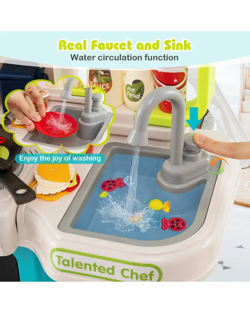Kids Kitchen Playset Pretend Play Kitchen with Realistic Sounds and Lights-Blue - Blue - Play Kitchen Sets