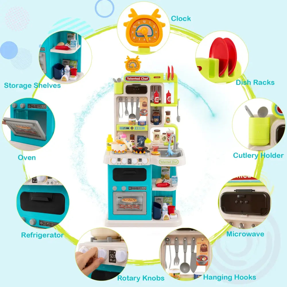 Kids Kitchen Playset Pretend Play Kitchen with Realistic Sounds and Lights-Blue - Blue - Play Kitchen Sets