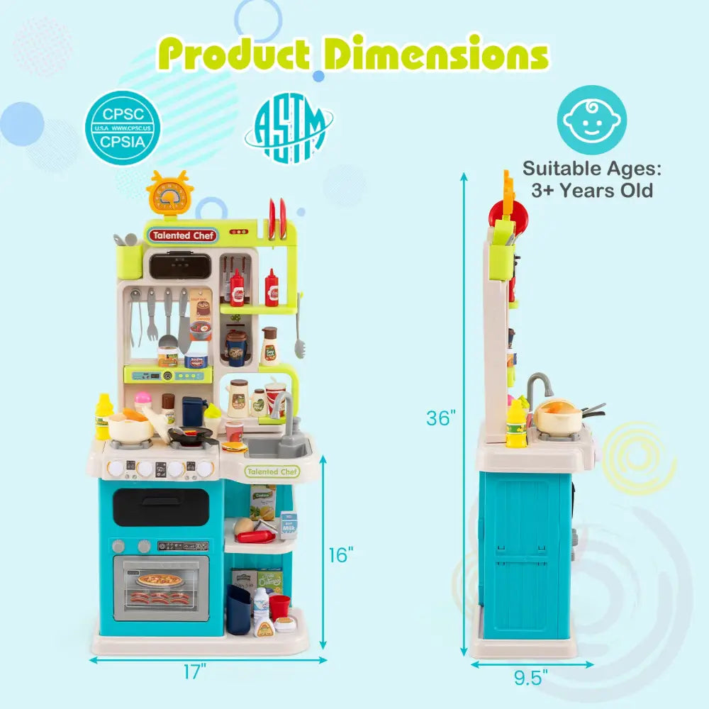 Kids Kitchen Playset Pretend Play Kitchen with Realistic Sounds and Lights-Blue - Blue - Play Kitchen Sets