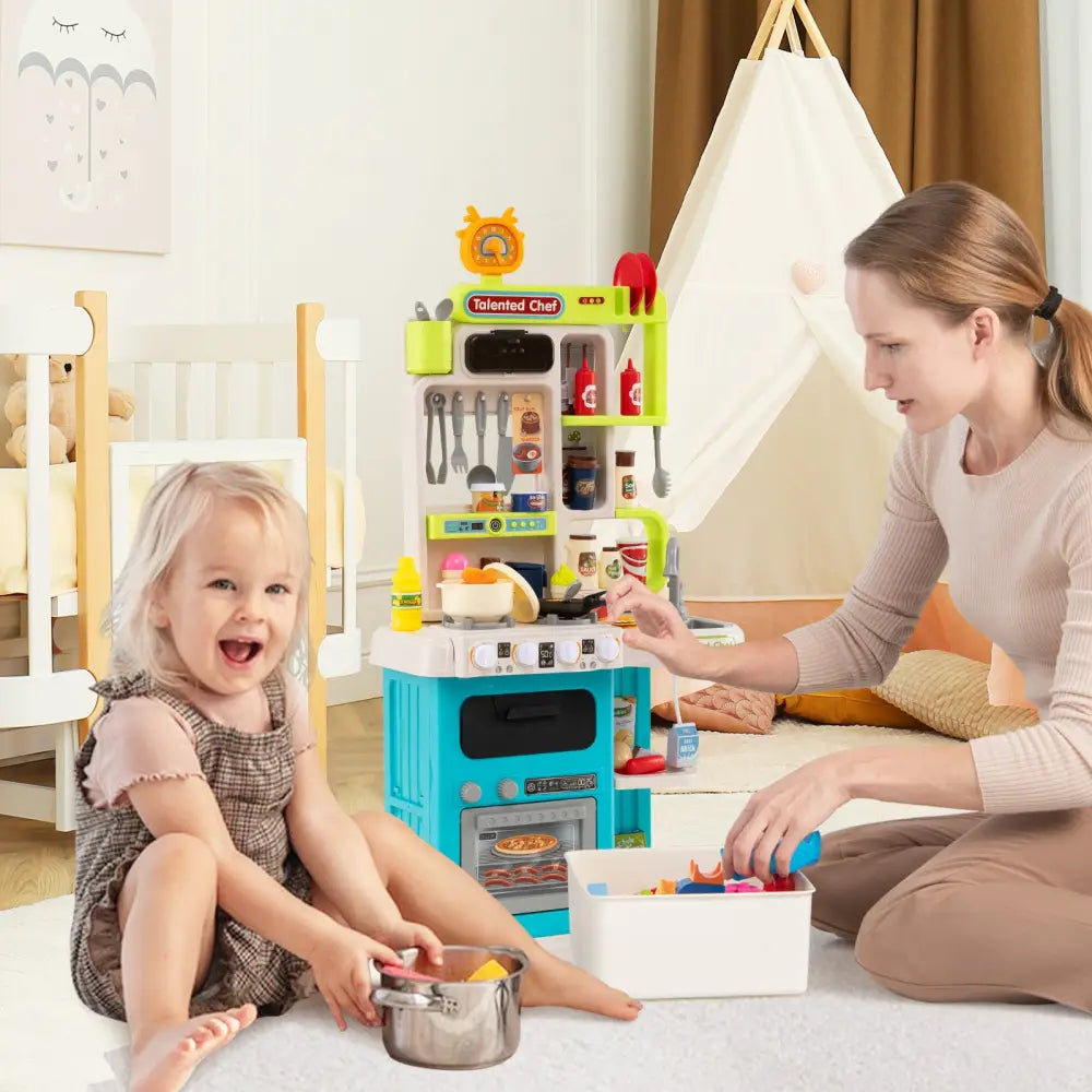 Kids Kitchen Playset Pretend Play Kitchen with Realistic Sounds and Lights-Blue - Blue - Play Kitchen Sets