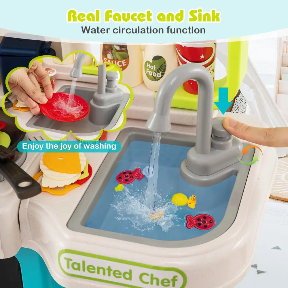 Kids Kitchen Playset Pretend Play Kitchen with Realistic Sounds and Lights-Blue - Blue - Play Kitchen Sets