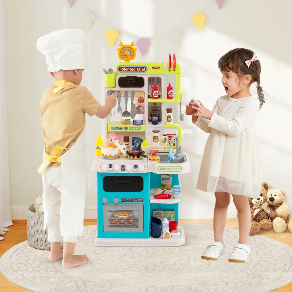 Kids Kitchen Playset Pretend Play Kitchen with Realistic Sounds and Lights-Blue - Blue - Play Kitchen Sets