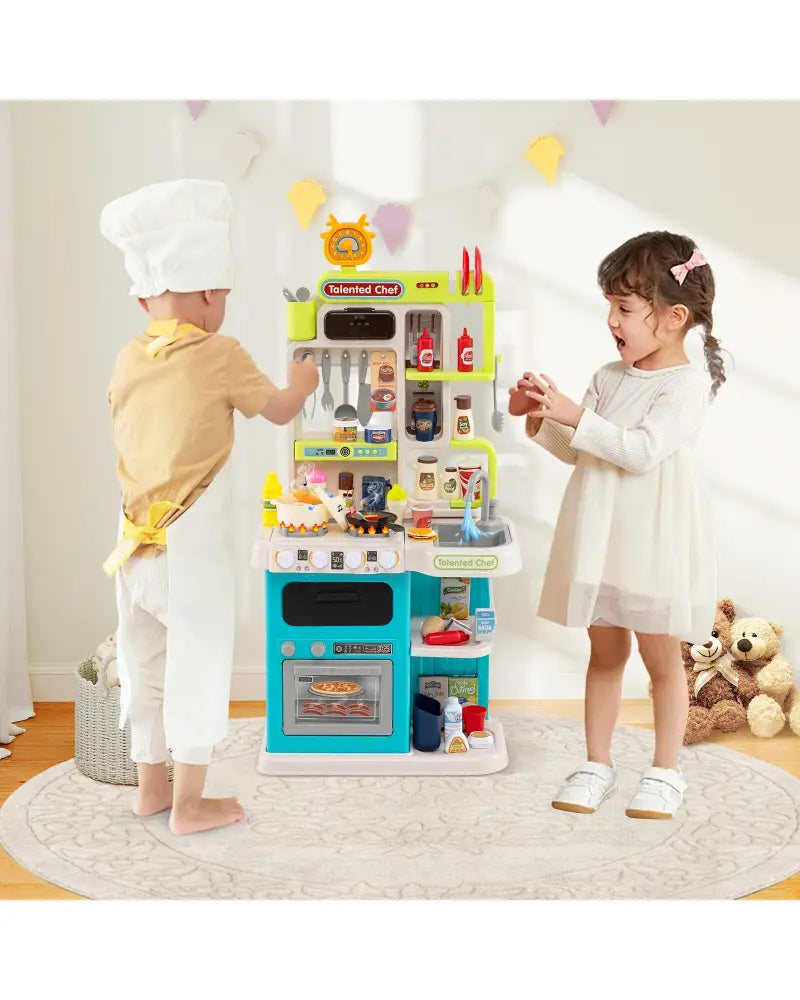 Kids Kitchen Playset Pretend Play Kitchen with Realistic Sounds and Lights-Blue - Blue - Play Kitchen Sets