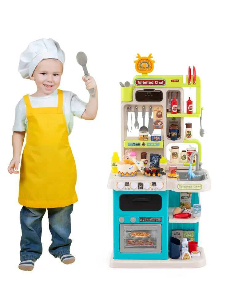 Kids Kitchen Playset Pretend Play Kitchen with Realistic Sounds and Lights-Blue - Blue - Play Kitchen Sets
