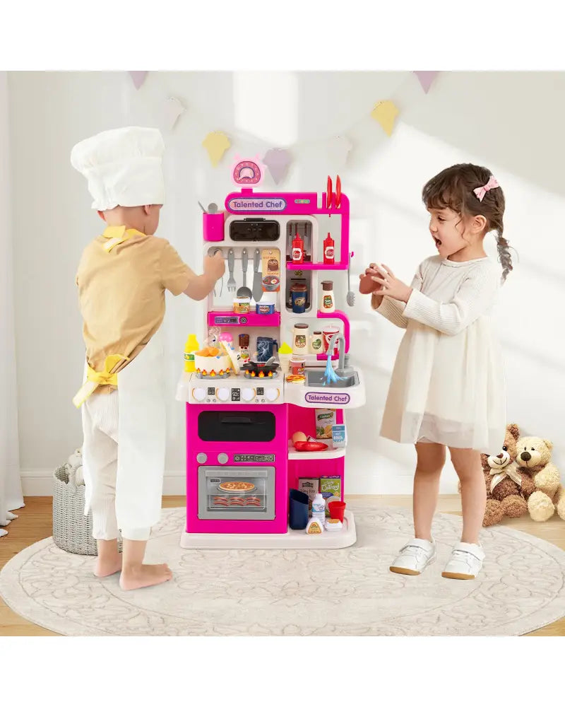 Kids Kitchen Playset Pretend Play Kitchen with Realistic Sounds and Lights-Pink - Pink - Play Kitchen Sets
