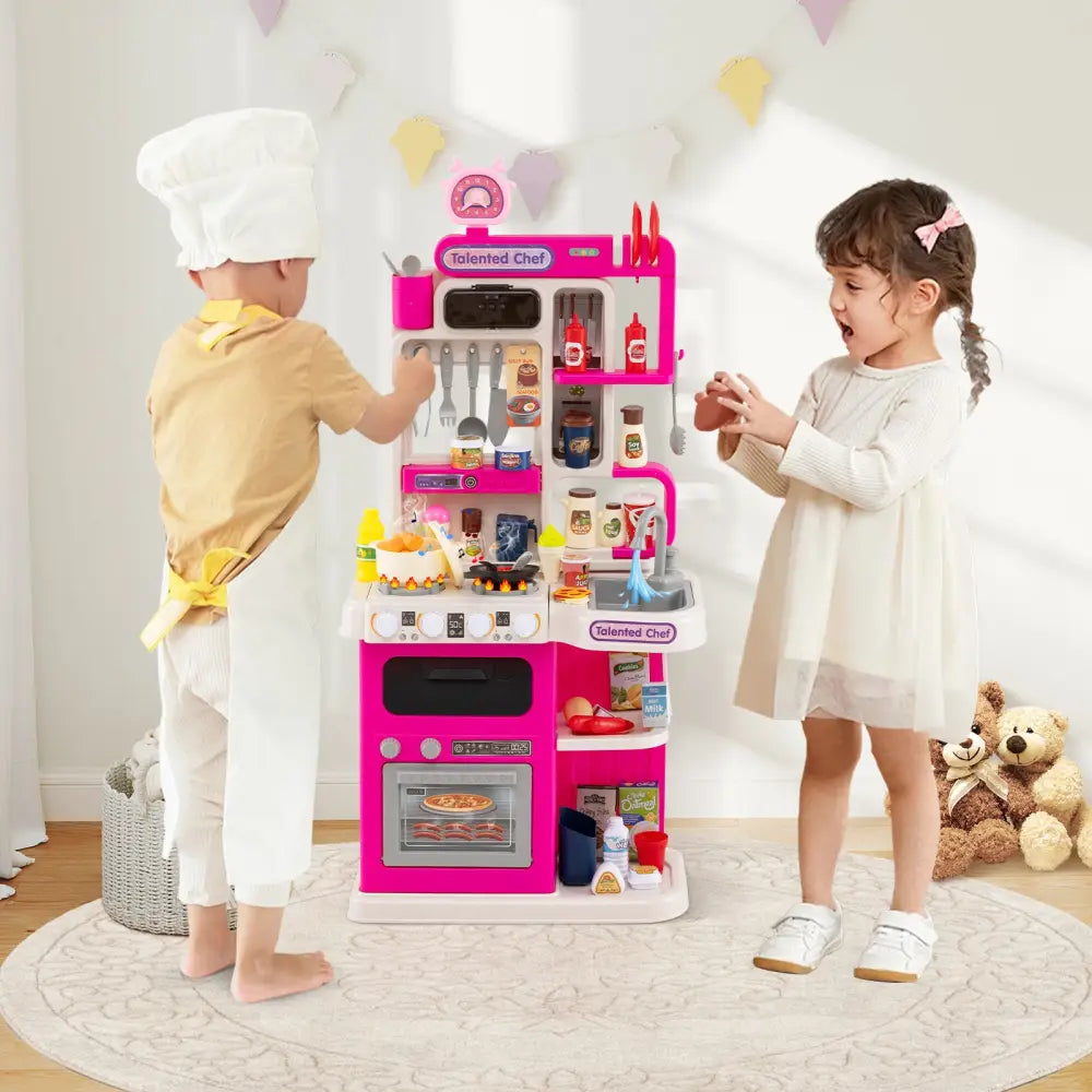 Kids Kitchen Playset Pretend Play Kitchen with Realistic Sounds and Lights-Pink - Pink - Play Kitchen Sets