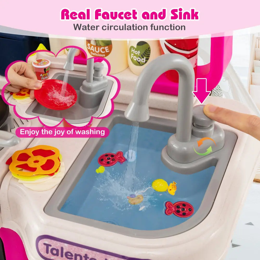 Kids Kitchen Playset Pretend Play Kitchen with Realistic Sounds and Lights-Pink - Pink - Play Kitchen Sets