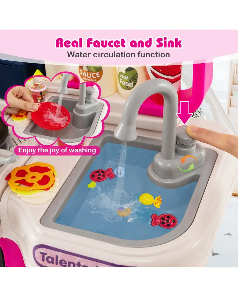 Kids Kitchen Playset Pretend Play Kitchen with Realistic Sounds and Lights-Pink - Pink - Play Kitchen Sets