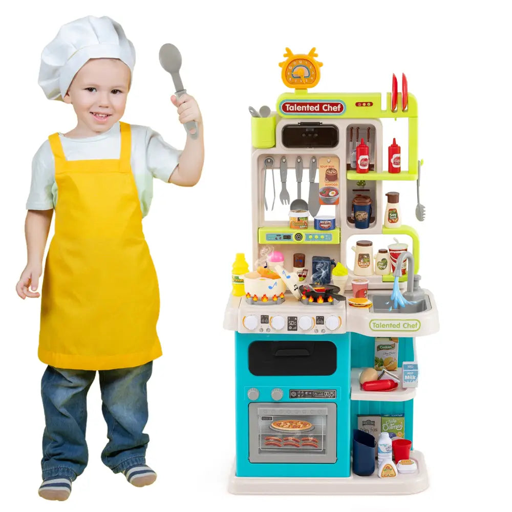 Kids Kitchen Playset Pretend Play Kitchen with Realistic Sounds and Lights-Blue - Blue - Play Kitchen Sets