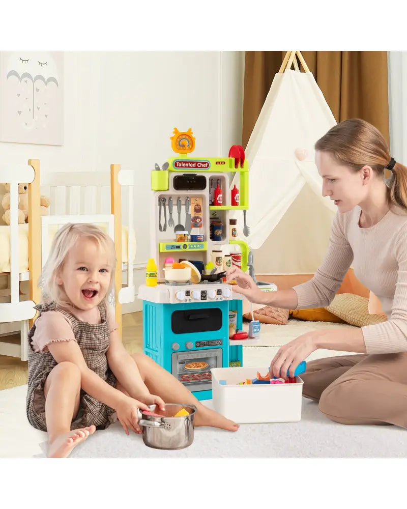 Kids Kitchen Playset Pretend Play Kitchen with Realistic Sounds and Lights-Blue - Blue - Play Kitchen Sets
