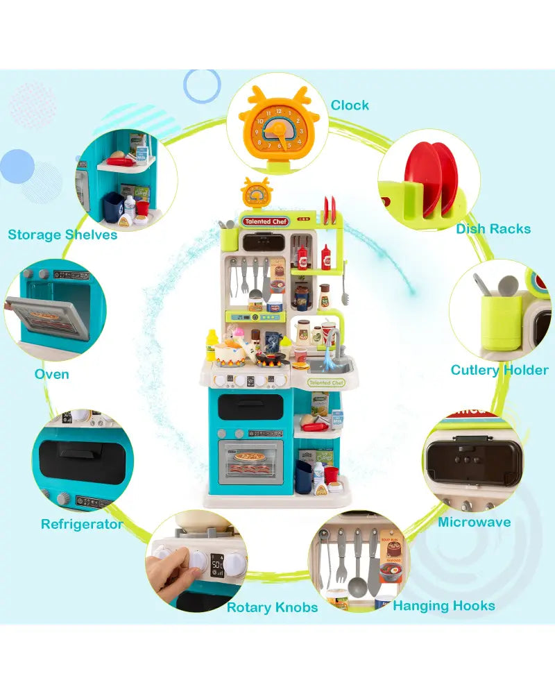 Kids Kitchen Playset Pretend Play Kitchen with Realistic Sounds and Lights-Blue - Blue - Play Kitchen Sets