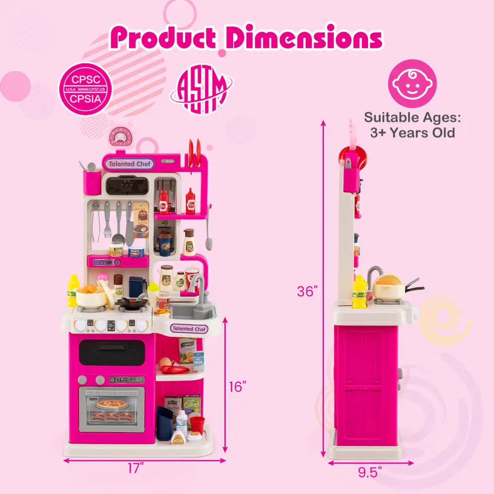 Kids Kitchen Playset Pretend Play Kitchen with Realistic Sounds and Lights-Pink - Pink - Play Kitchen Sets
