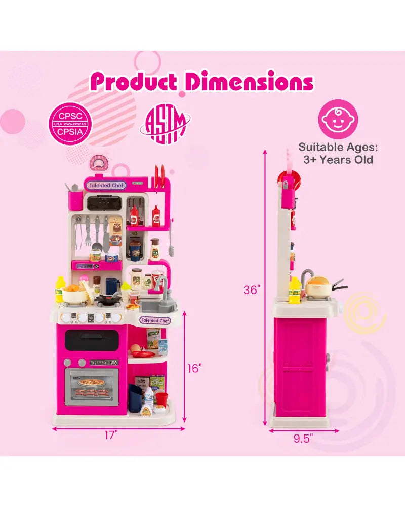 Kids Kitchen Playset Pretend Play Kitchen with Realistic Sounds and Lights-Pink - Pink - Play Kitchen Sets