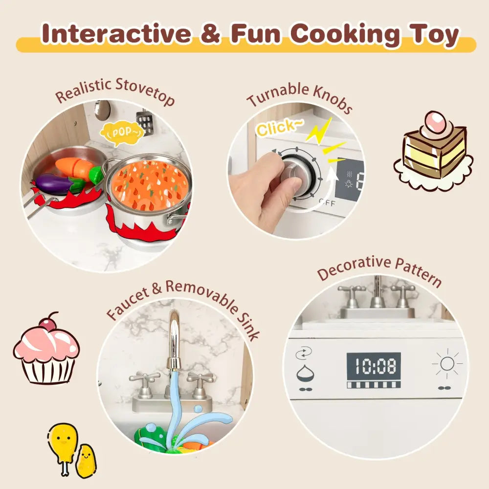 Kids Kitchen Playset with Adjustable LED Lights Removable Fabric Bins-White - White - Play Kitchen Sets