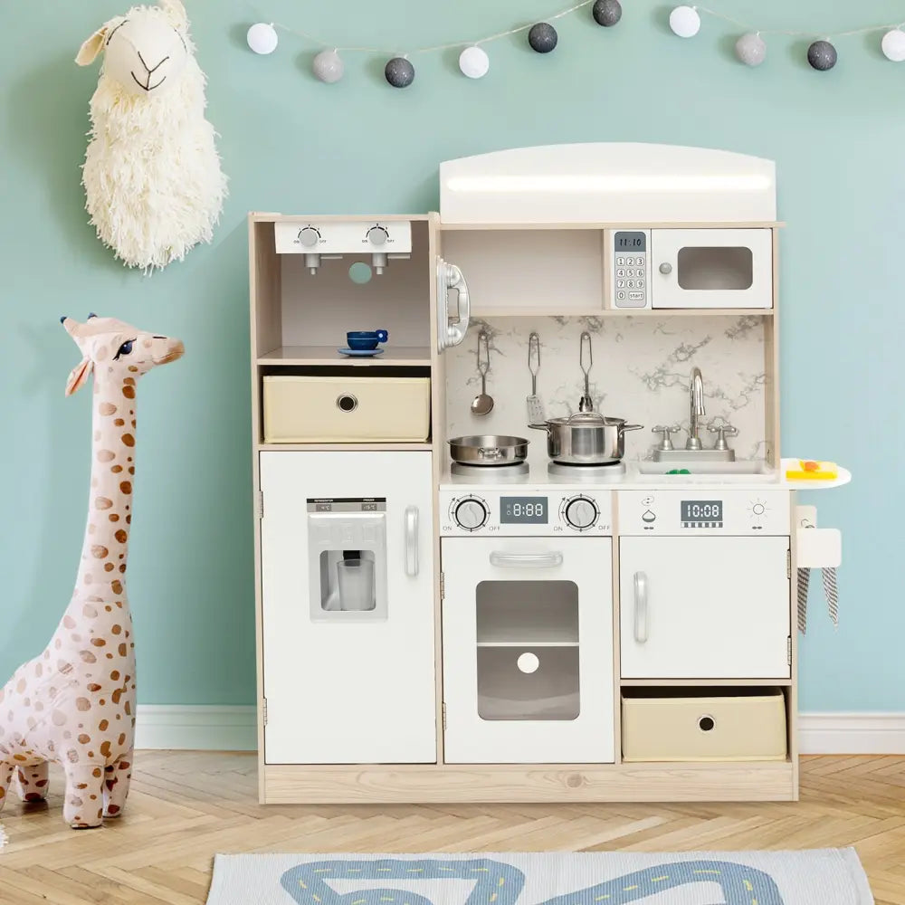 Kids Kitchen Playset with Adjustable LED Lights Removable Fabric Bins-White - White - Play Kitchen Sets
