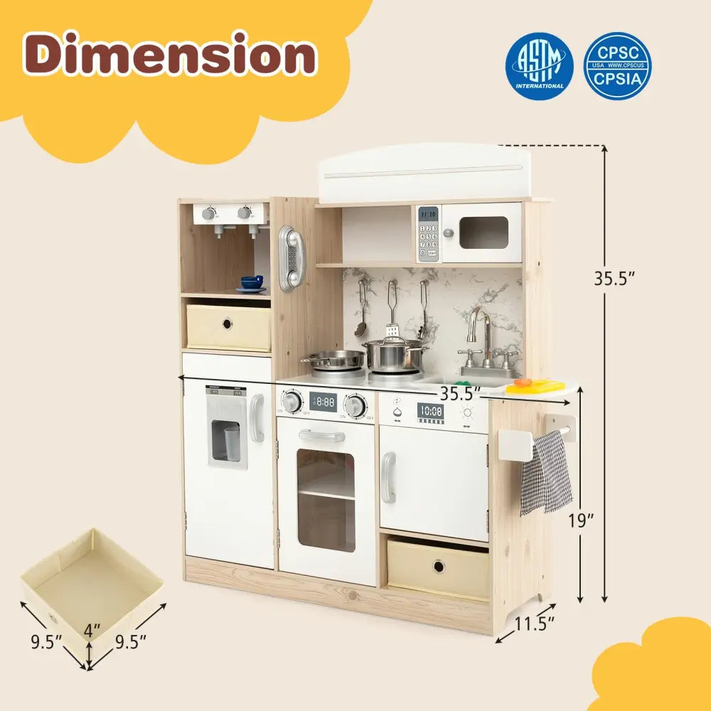 Kids Kitchen Playset with Adjustable LED Lights Removable Fabric Bins-White - White - Play Kitchen Sets