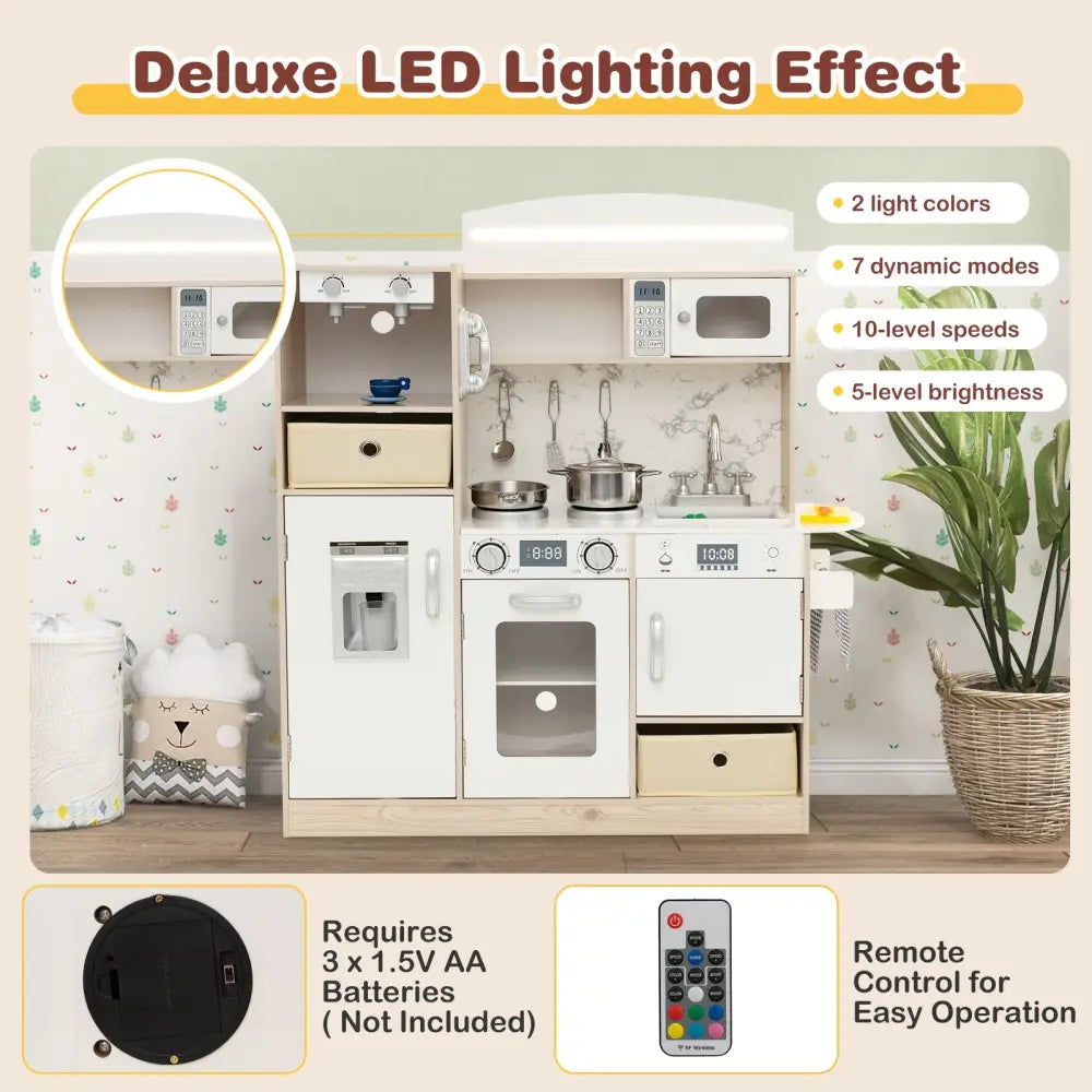 Kids Kitchen Playset with Adjustable LED Lights Removable Fabric Bins-White - White - Play Kitchen Sets
