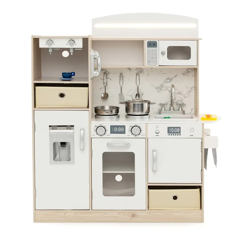 Kids Kitchen Playset with Adjustable LED Lights Removable Fabric Bins-White - White - Play Kitchen Sets