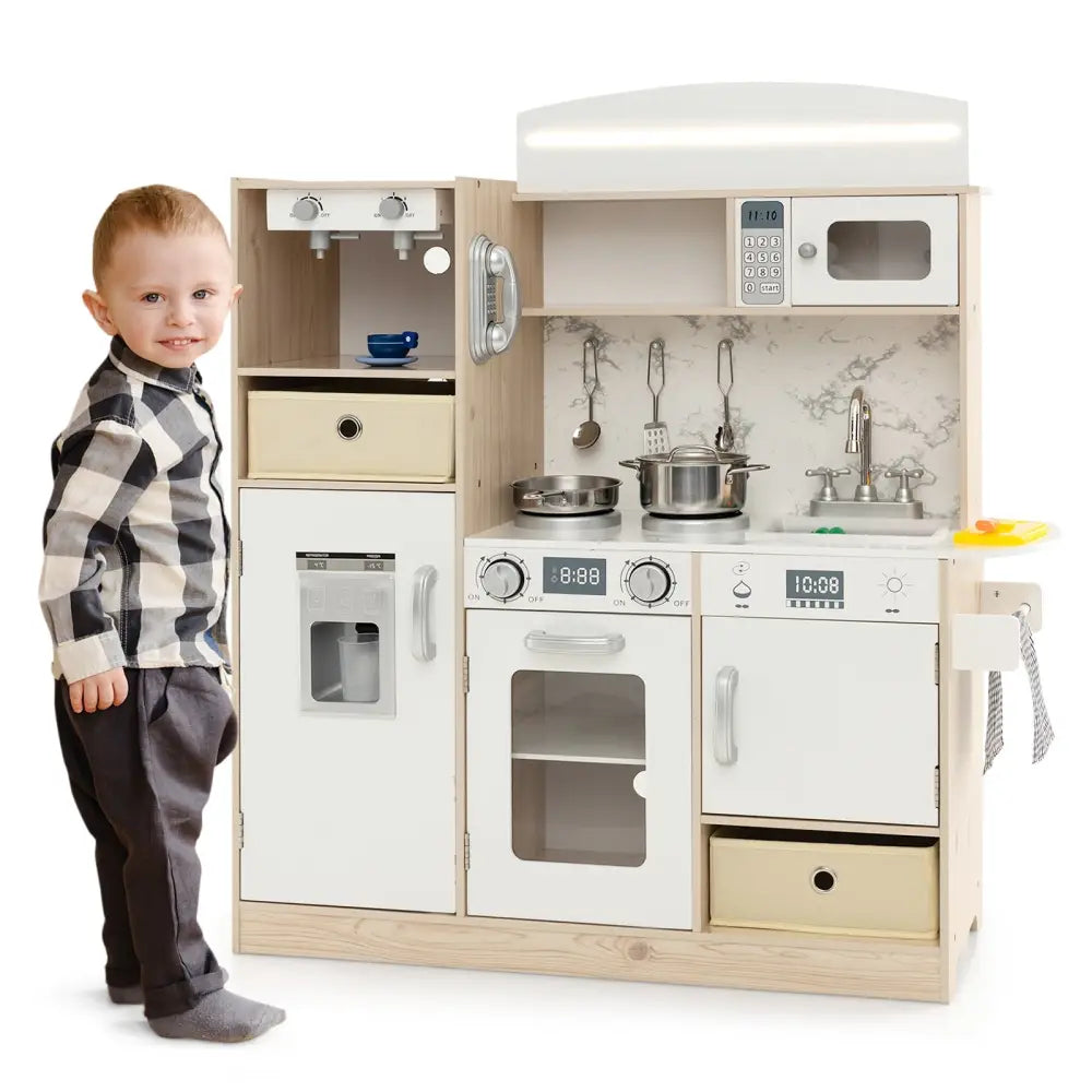 Kids Kitchen Playset with Adjustable LED Lights Removable Fabric Bins-White - White - Play Kitchen Sets