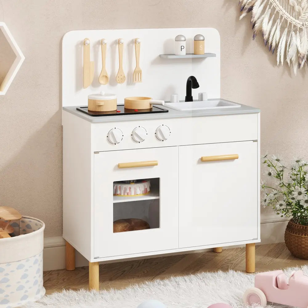 Kids Kitchen Playset with Cooking Accessories and Storage-White - White - Play Kitchen Sets
