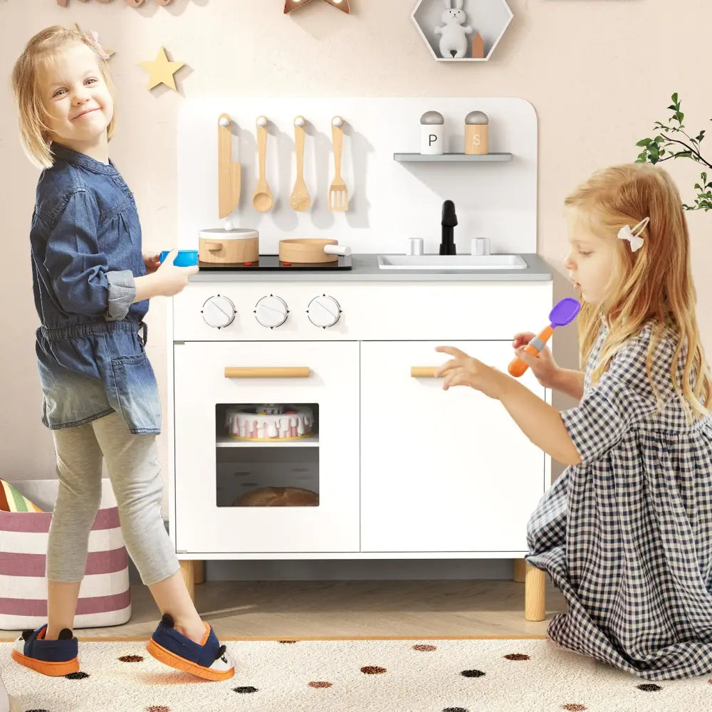 Kids Kitchen Playset with Cooking Accessories and Storage-White - White - Play Kitchen Sets