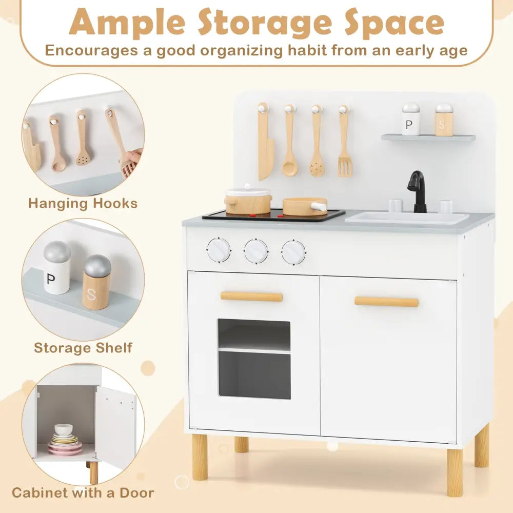 Kids Kitchen Playset with Cooking Accessories and Storage-White - White - Play Kitchen Sets