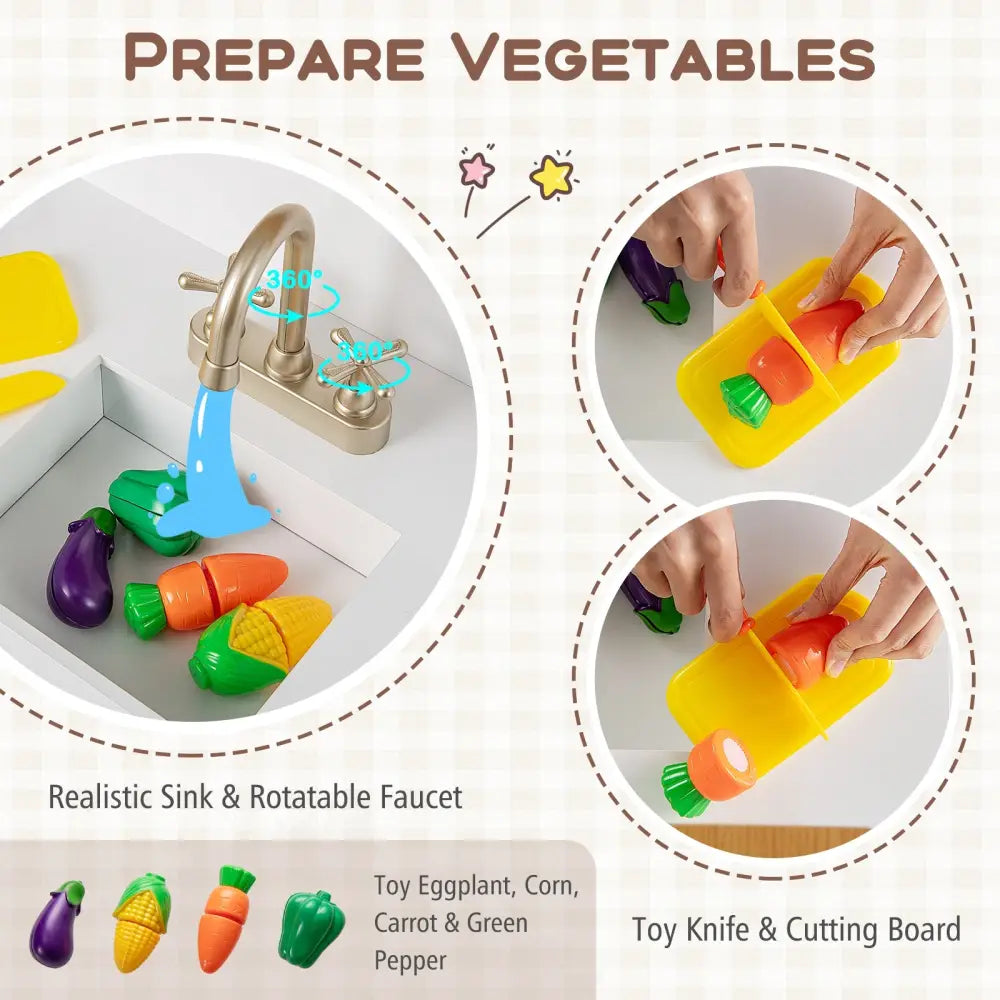 Kids Kitchen Playset with Cooking Accessories and Toy Cuttable Veggies-White - White - Play Kitchen Sets