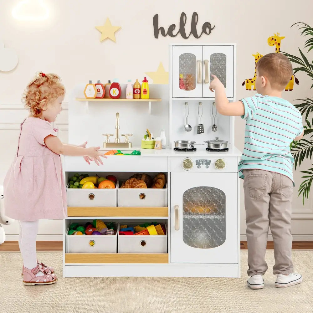 Kids Kitchen Playset with Cooking Accessories and Toy Cuttable Veggies-White - White - Play Kitchen Sets