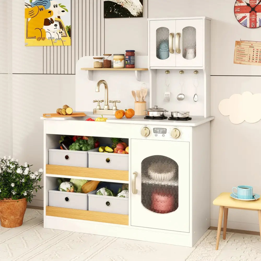 Kids Kitchen Playset with Cooking Accessories and Toy Cuttable Veggies-White - White - Play Kitchen Sets