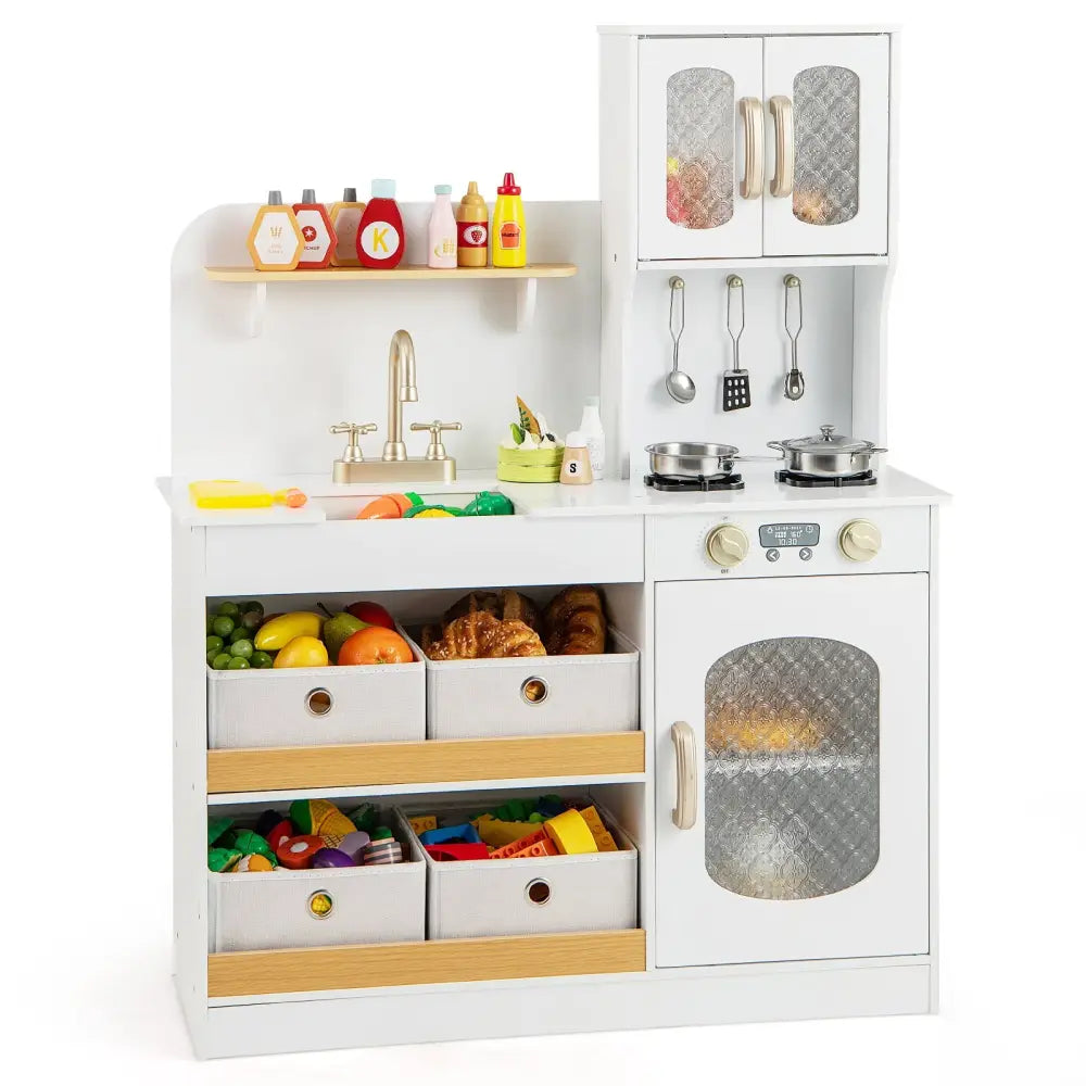 Kids Kitchen Playset with Cooking Accessories and Toy Cuttable Veggies-White - White - Play Kitchen Sets