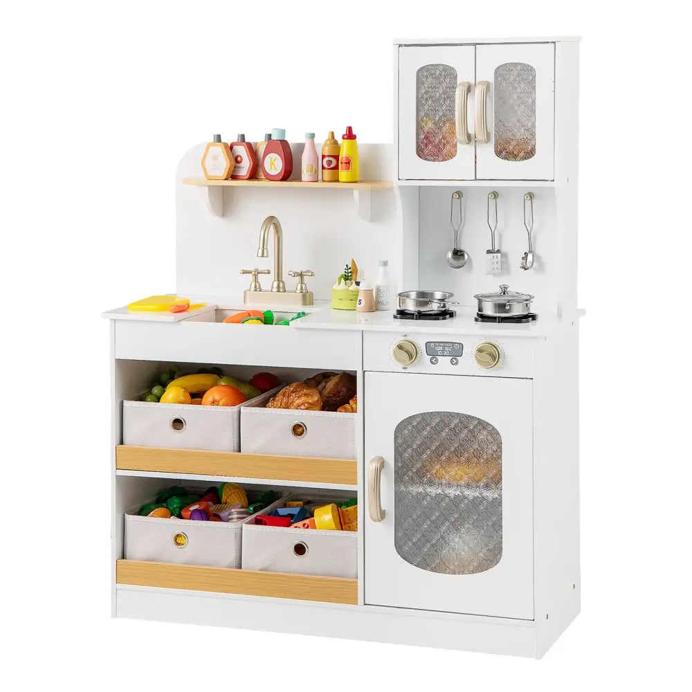 Kids Kitchen Playset with Cooking Accessories and Toy Cuttable Veggies-White - White - Play Kitchen Sets